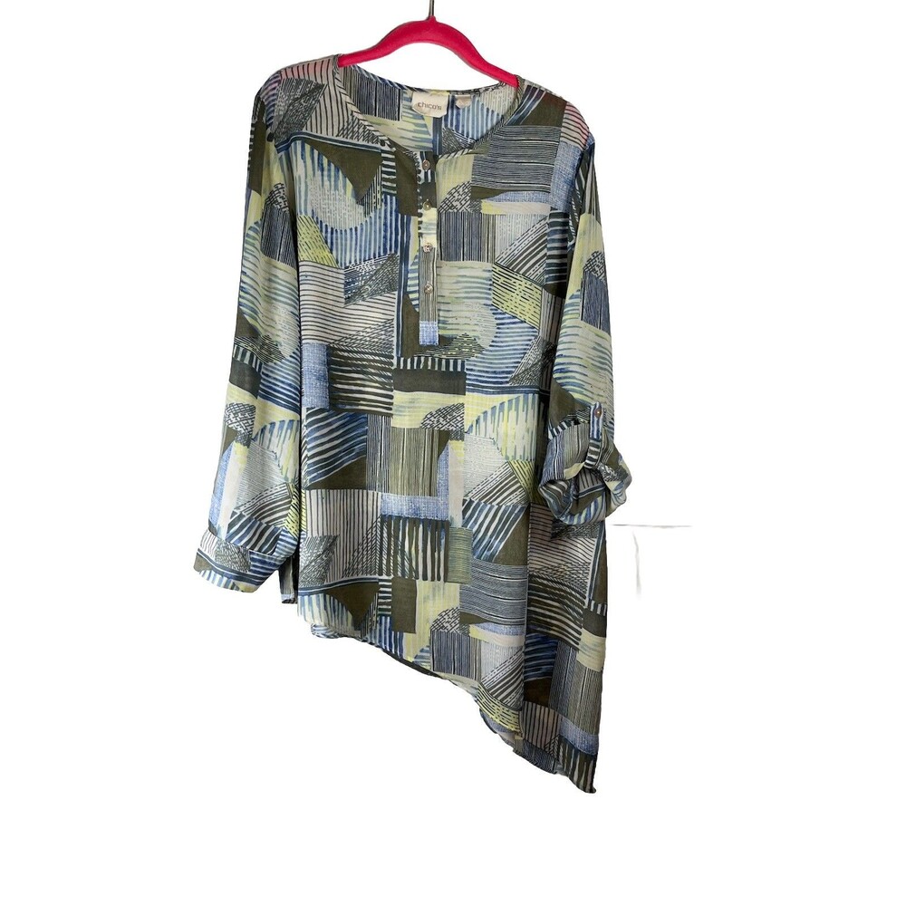Chicos Button Down Asymetrical sz 3 XL Roll Tab Sleeve Art Print